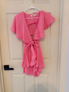 The Impeccable Pig Pink Wrap Tie-Front Ruffle Dress
